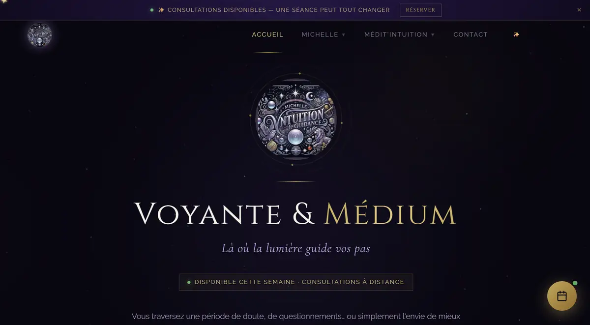 Page d'accueil du site Michelle Voyance : logo Intuition & Guidance, titre Voyante & Médium sur fond étoilé violet et or