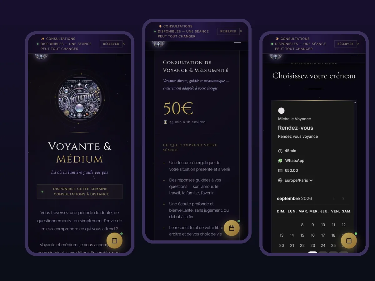 Trois pages du site Michelle Voyance affichées sur téléphone : accueil, tarif et calendrier de réservation