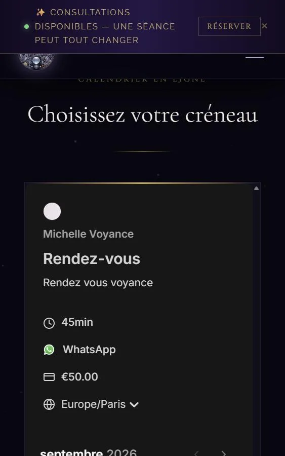 Le calendrier de réservation intégré à la page Tarifs : rendez-vous de 45 minutes par WhatsApp, 50 €