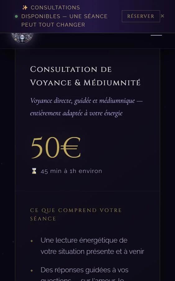 La page Tarifs : consultation de voyance et médiumnité à 50 €, 45 minutes à 1 heure, et ce que comprend la séance