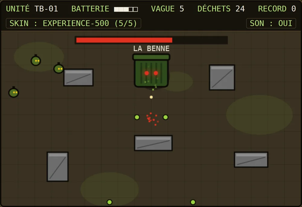 Le mini-jeu Trashbot en vue de dessus, avec le boss « La Benne »
