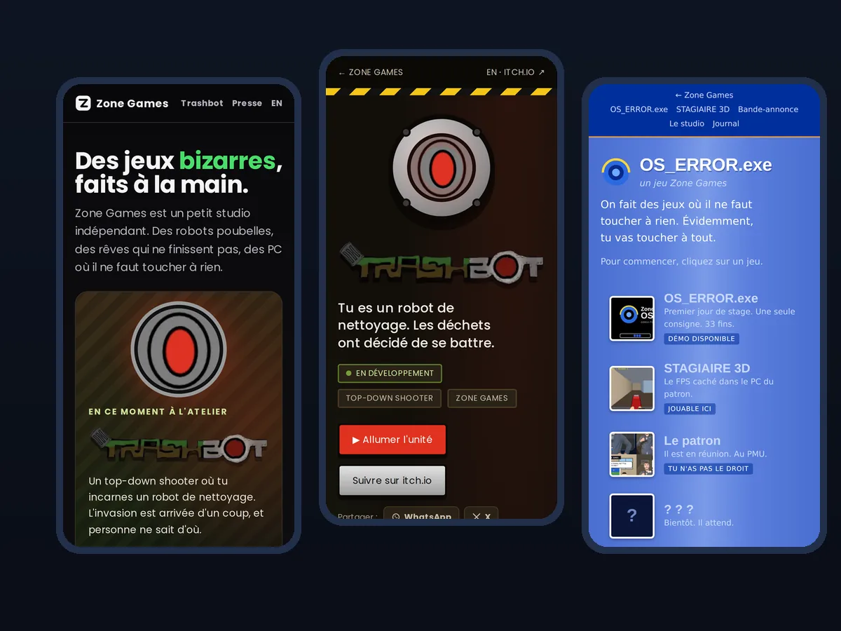 Trois pages du site Zone Games affichées sur téléphone