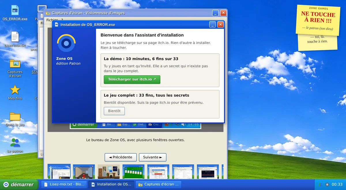 Le faux bureau Windows XP d'OS_ERROR.exe avec plusieurs fenêtres ouvertes