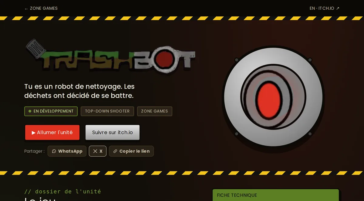 La page du jeu Trashbot : logo, œil rouge du robot et bandes jaunes et noires